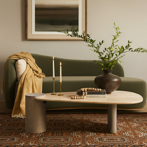 Rowan Natural Travertine Top And Oak Wood Base Coffee Table, 1 Piece (Style 2)
