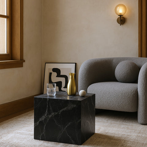 Noelle Black Marble Finish Concrete Indoor / Outdoor End Table, 1 Piece