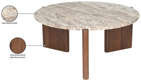 Jessa Beige Genuine Marble Top And Acacia Wood Base Coffee Table, 1 Piece