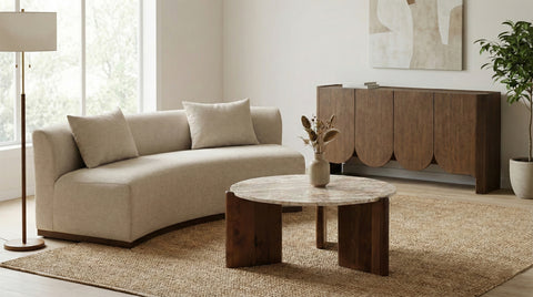 Jessa Beige Genuine Marble Top And Acacia Wood Base Coffee Table, 1 Piece