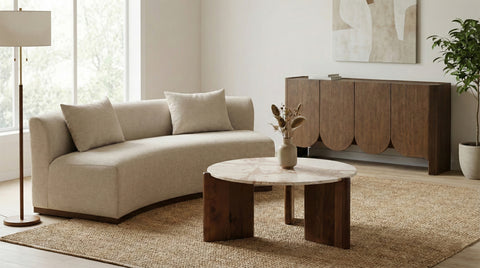 Jessa Cream Genuine Marble Top And Acacia Wood Base Coffee Table, 1 Piece