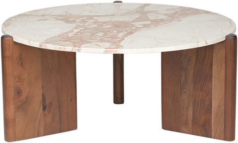 Jessa Cream Genuine Marble Top And Acacia Wood Base Coffee Table, 1 Piece