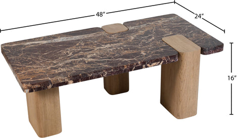 Selene Burgundy Genuine Marble Top And Oak Wood Base Coffee Table, 1 Piece