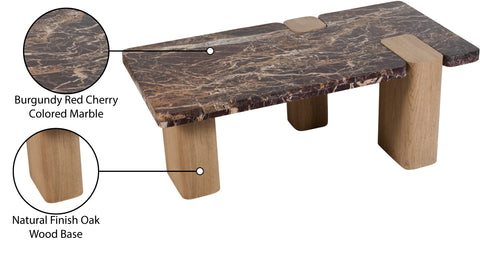 Selene Burgundy Genuine Marble Top And Oak Wood Base Coffee Table, 1 Piece