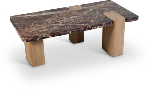 Selene Burgundy Genuine Marble Top And Oak Wood Base Coffee Table, 1 Piece