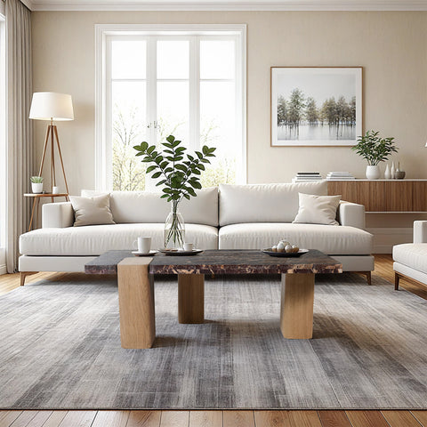 Selene Burgundy Genuine Marble Top And Oak Wood Base Coffee Table, 1 Piece