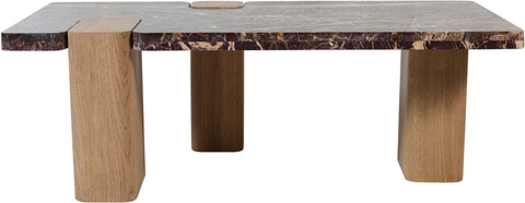 Selene Burgundy Genuine Marble Top And Oak Wood Base Coffee Table, 1 Piece