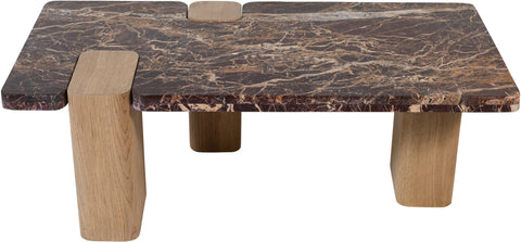 Selene Burgundy Genuine Marble Top And Oak Wood Base Coffee Table, 1 Piece