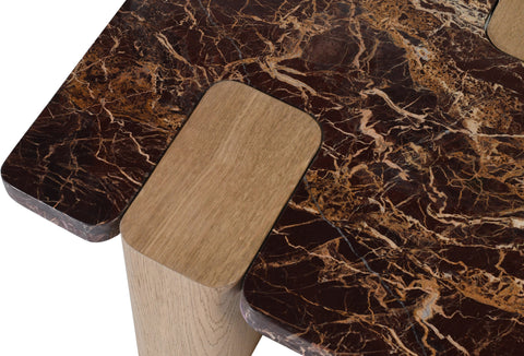 Selene Burgundy Genuine Marble Top And Oak Wood Base Coffee Table, 1 Piece