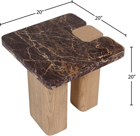 Selene Burgundy Genuine Marble Top And Oak Wood Base End / Side Table, 1 Piece