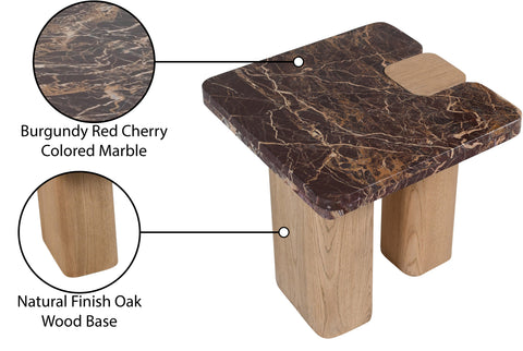 Selene Burgundy Genuine Marble Top And Oak Wood Base End / Side Table, 1 Piece