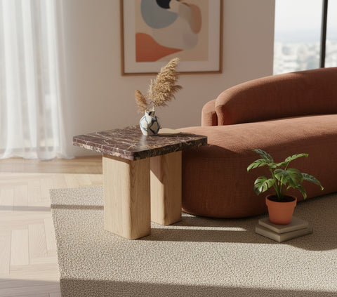 Selene Burgundy Genuine Marble Top And Oak Wood Base End / Side Table, 1 Piece