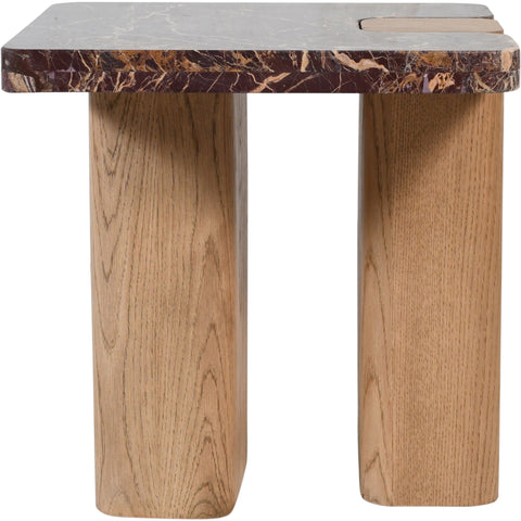 Selene Burgundy Genuine Marble Top And Oak Wood Base End / Side Table, 1 Piece