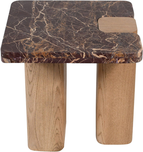 Selene Burgundy Genuine Marble Top And Oak Wood Base End / Side Table, 1 Piece