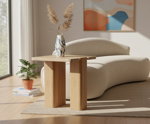 Selene Natural Genuine Travertine and Oak Wood End / Side Table, 1 Piece (Style 2)