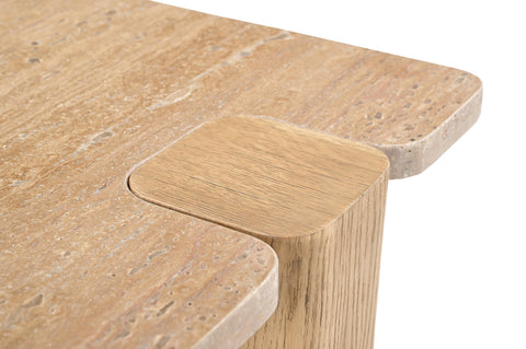 Selene Natural Genuine Travertine and Oak Wood End / Side Table, 1 Piece (Style 2)