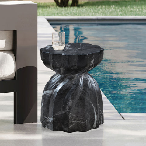 Tessa Black Marble Finish Concrete Indoor / Outdoor End Table, 1 Piece