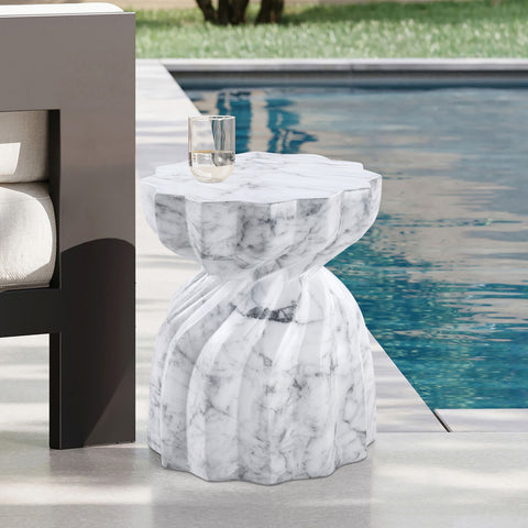 Tessa White Marble Finish Concrete Indoor / Outdoor End Table, 1 Piece