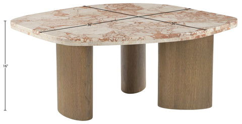 Linden Cream Genuine Marble Top And Oak Wood Base Coffee Table, 1 Piece