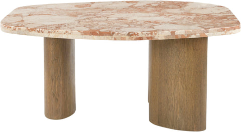 Linden Cream Genuine Marble Top And Oak Wood Base Coffee Table, 1 Piece
