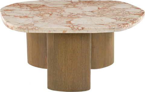 Linden Cream Genuine Marble Top And Oak Wood Base Coffee Table, 1 Piece
