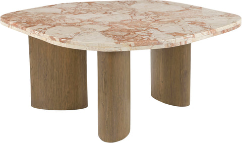 Linden Cream Genuine Marble Top And Oak Wood Base Coffee Table, 1 Piece