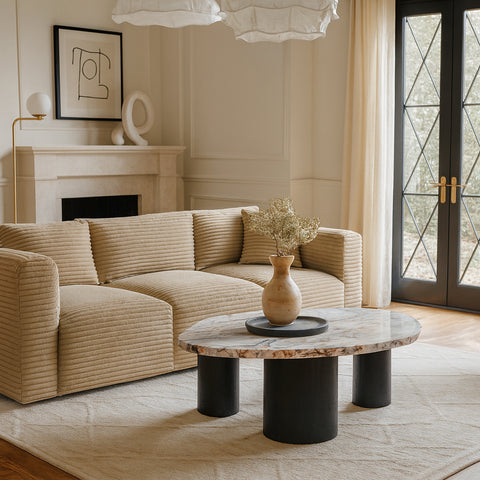 Linden White Genuine Marble Top And Oak Wood Base Coffee Table, 1 Piece