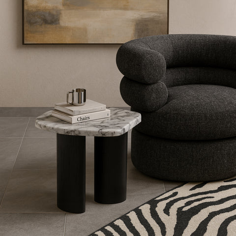 Linden White Genuine Marble Top And Oak Wood Base End Table, 1 Piece