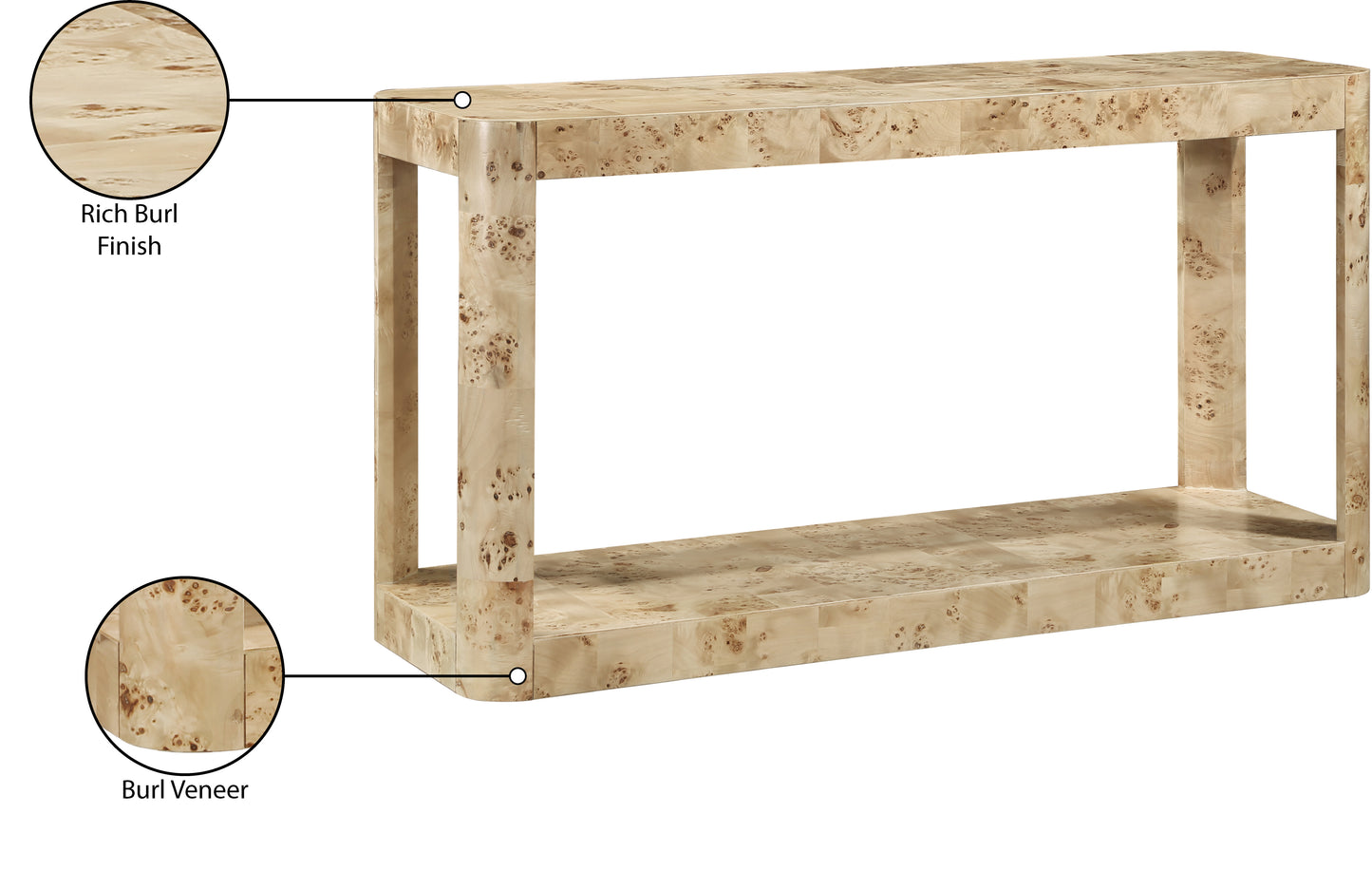 shiloh natural burl wood console table