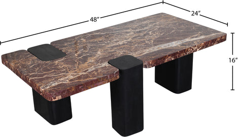 Selene Burgundy Genuine Marble Top And Oak Wood Base Coffee Table, 1 Piece (Style 2)