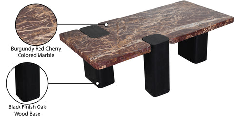 Selene Burgundy Genuine Marble Top And Oak Wood Base Coffee Table, 1 Piece (Style 2)