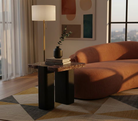 Selene Burgundy Genuine Marble Top And Oak Wood Base End / Side Table, 1 Piece (Style 2)