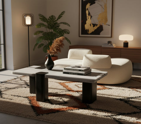 Selene Panda Genuine Marble Top And Oak Wood Base Coffee Table, 1 Piece