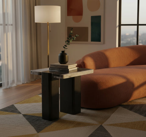 Selene Panda Genuine Marble Top And Oak Wood Base End / Side Table, 1 Piece