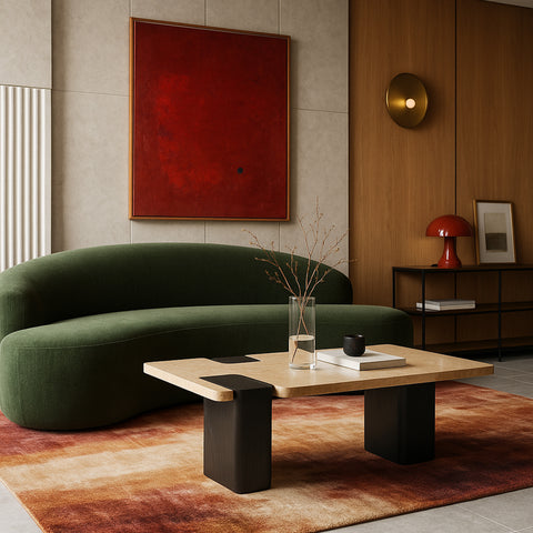 Selene Natural Genuine Travertine Top And Oak Wood Base Coffee Table, 1 Piece