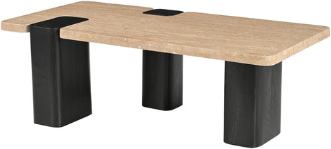 Selene Natural Genuine Travertine Top And Oak Wood Base Coffee Table, 1 Piece