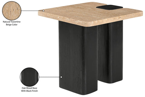 Selene Natural Genuine Travertine Top And Oak Wood Base End / Side Table, 1 Piece