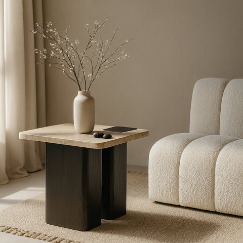 Selene Natural Genuine Travertine Top And Oak Wood Base End / Side Table, 1 Piece