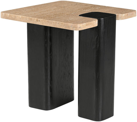 Selene Natural Genuine Travertine Top And Oak Wood Base End / Side Table, 1 Piece