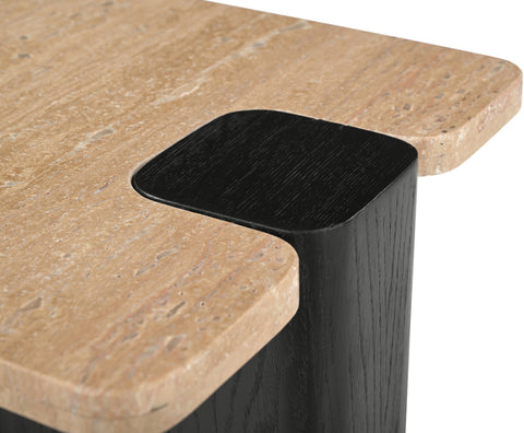 Selene Natural Genuine Travertine Top And Oak Wood Base End / Side Table, 1 Piece