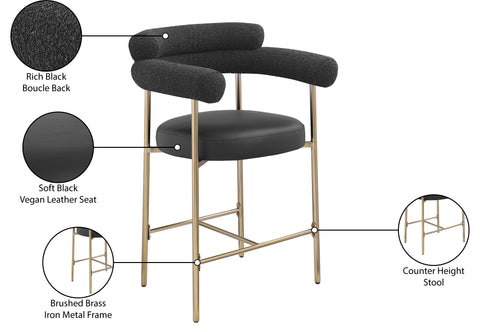 Zadie Black Vegan Leather And Boucle Fabric Upholstered Counter Stool, 2-Piece
