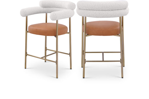 Zadie Cognac Vegan Leather And Boucle Fabric Upholstered Counter Stool, 2-Piece