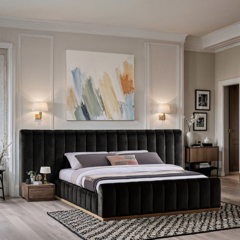 Blaire Black Velvet Upholstered King Bed, 1 Piece