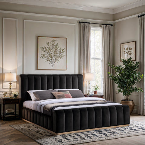 Blaire Black Velvet Upholstered King Bed, 1 Piece (Style 2)