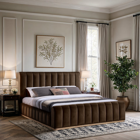 Blaire Brown Velvet Upholstered King Bed, 1 Piece (Style 2)