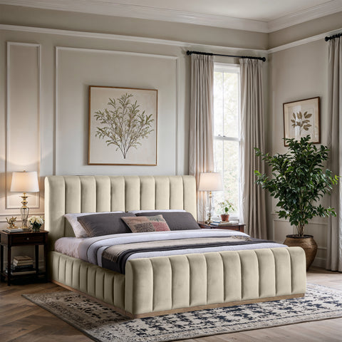 Blaire Cream Velvet Upholstered King Bed, 1 Piece (Style 2)