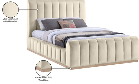 Blaire Cream Velvet Upholstered Queen Bed, 1 Piece (Style 2)