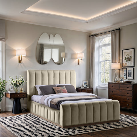 Blaire Cream Velvet Upholstered Queen Bed, 1 Piece (Style 2)