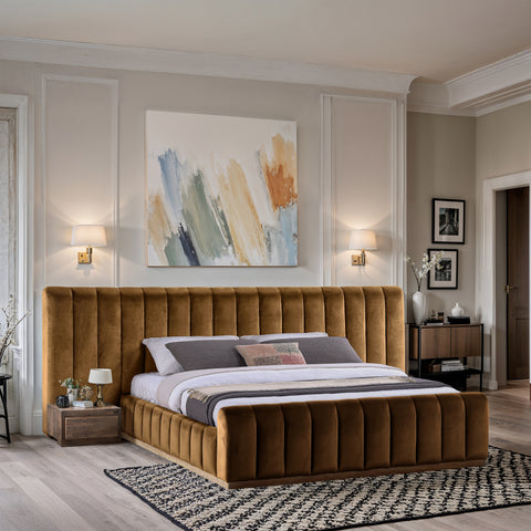 Blaire Saddle Velvet Upholstered King Bed, 1 Piece