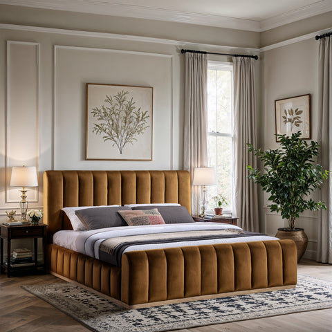 Blaire Saddle Velvet Upholstered King Bed, 1 Piece (Style 2)